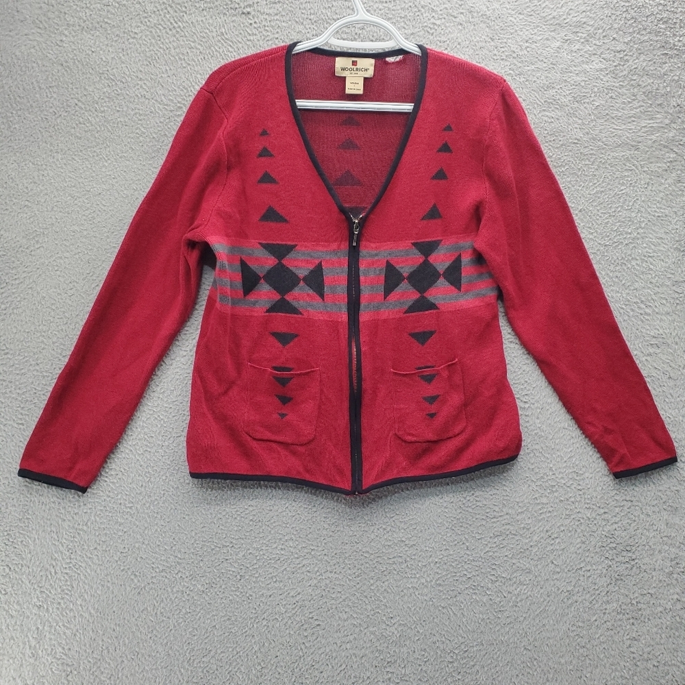 Woolrich Red Ruby Aztec Zip Up Cardigan Sweater Womens Size Large DAMAGED
